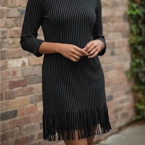Elegant Black Striped Fringe Dress